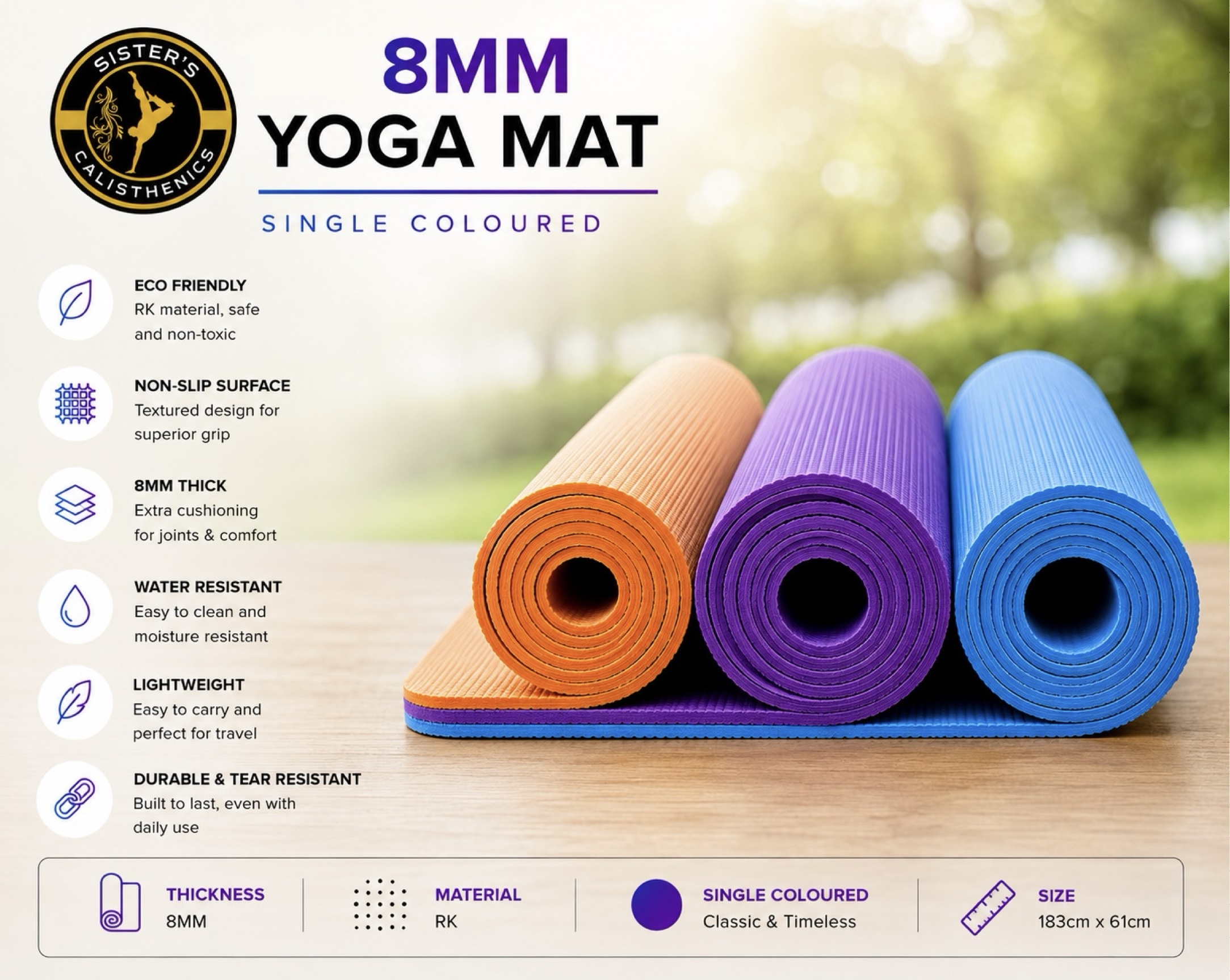 8mm Yoga & Fitness Mat Imported  (Single Coloured)